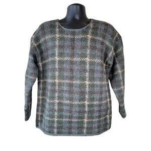 VTG Tweeds Mens Size Medium 100% Wool Pullover Green Gray Plaid Crewneck Sweater